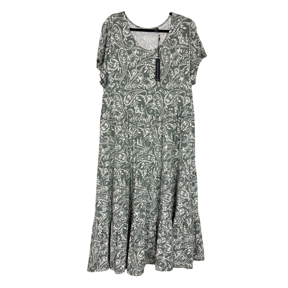 Tahari Womens 2X Sage Green Paisley Tiered Midi Dress Short Sleeve Boho New